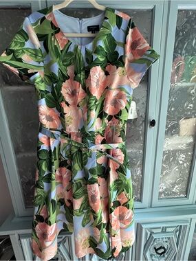 Tahari ASL Peach Floral Fit-and-Flare Dress with Green Leaves on Blue